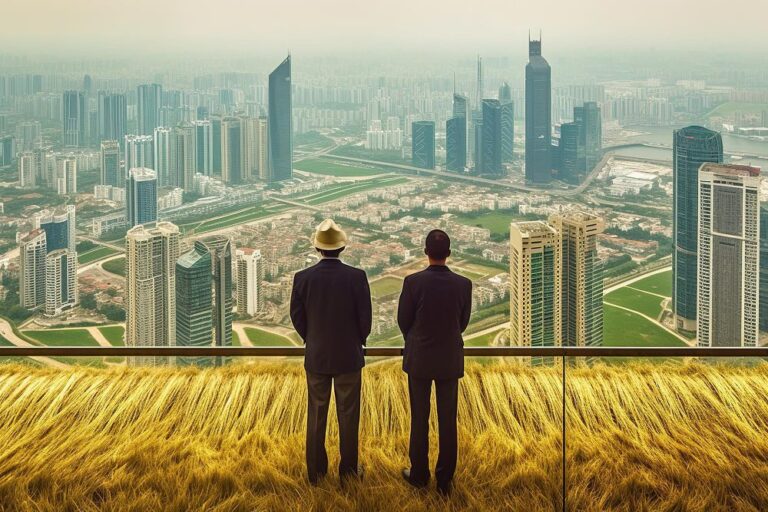 two-men-stand-high-place-look-down-urban-architectural-skyline